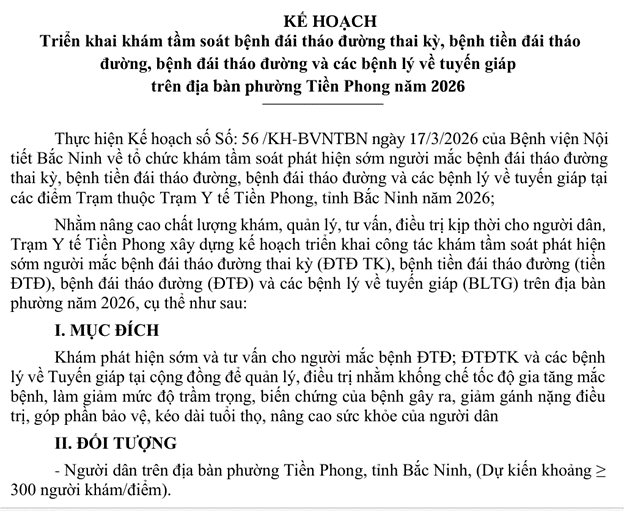 Kế hoạch triển khai khám tầm soát bệnh đái tháo đường thai kỳ, bệnh tiền đái tháo  đường, bệnh đái tháo đường và các bệnh lý về tuyến giáp trên địa bàn phường Tiền Phong năm 2026