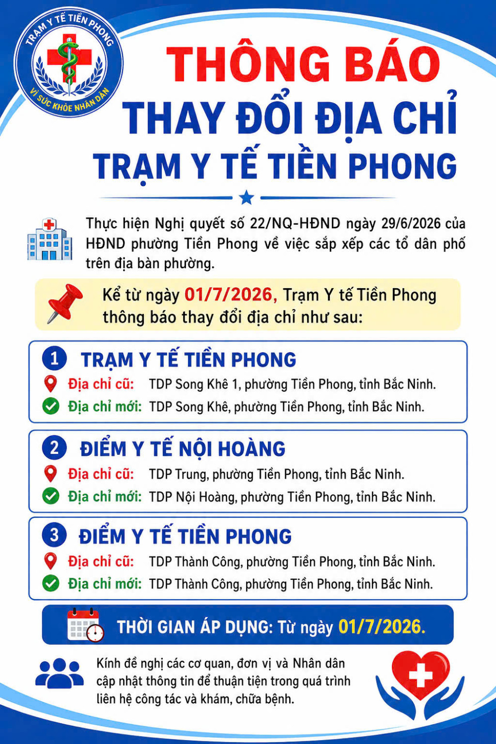 Thông báo về việc đổi địa chỉ trạm y tế Tiền Phong